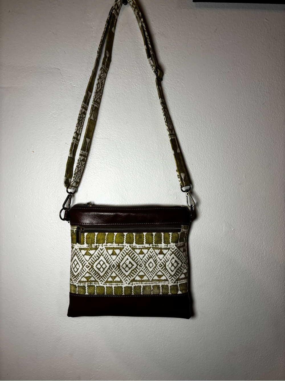 Olive Green Patterned Crossbody Bag with Brown Trim
